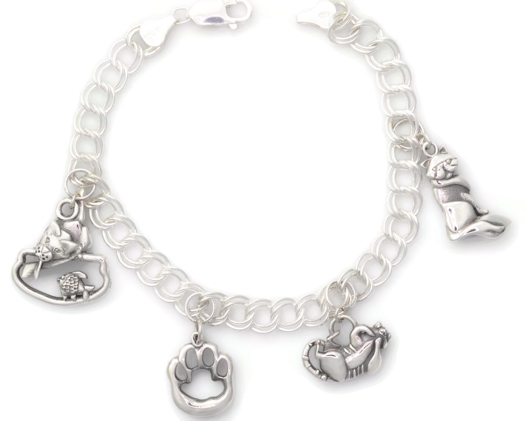 Sterling Silver Cat Charm Bracelet, Silver Cat Themed Bracelet, Donna