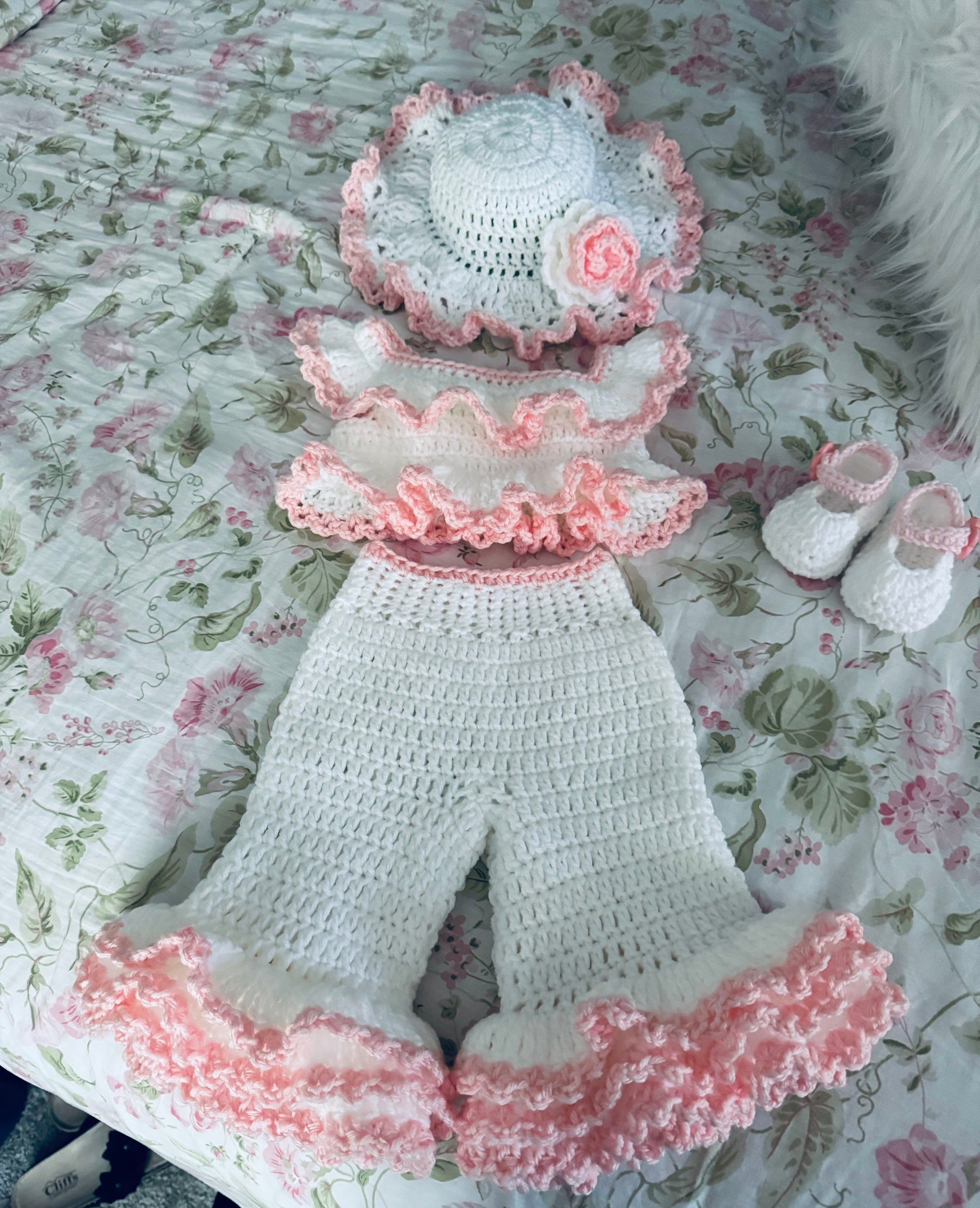 White Ruffled Pant Set With Shoes and Hat, These Are Hand Crochet 