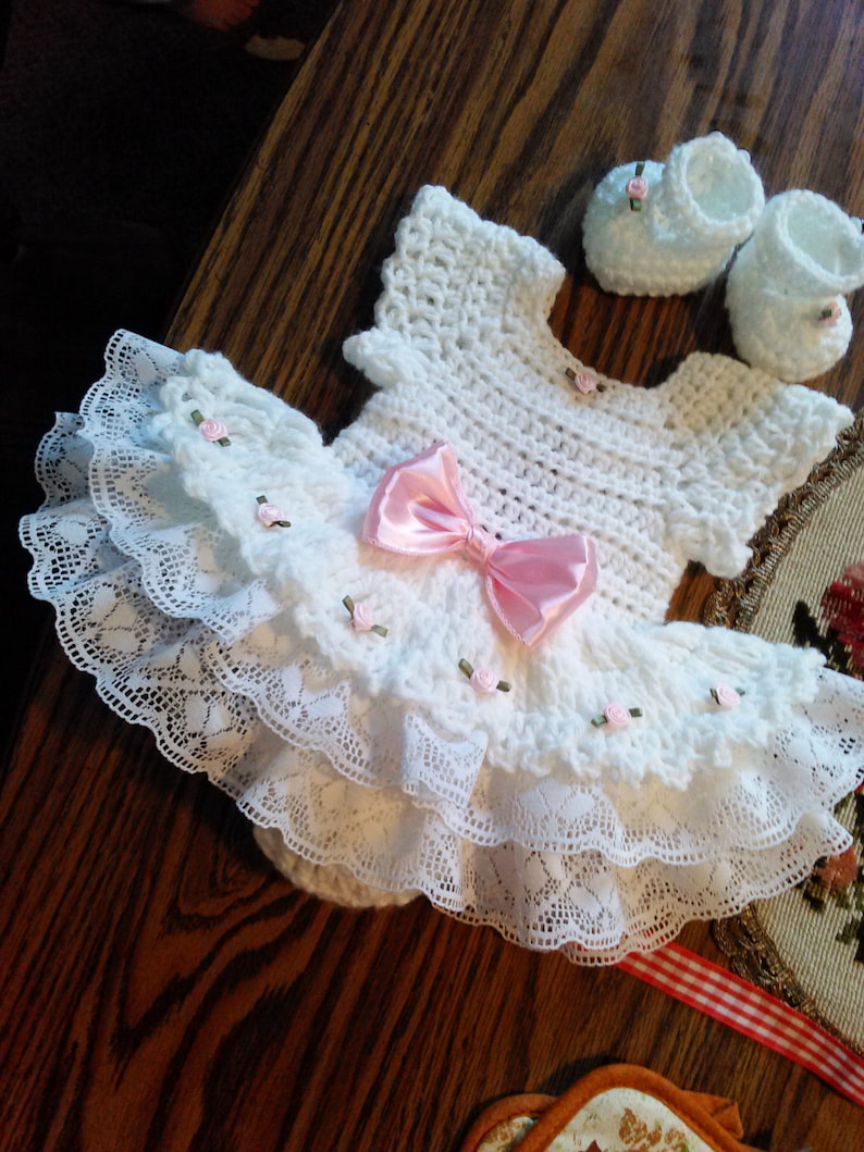 White Crochet Rosebud Baby Romper Dress Set. Etsy UK