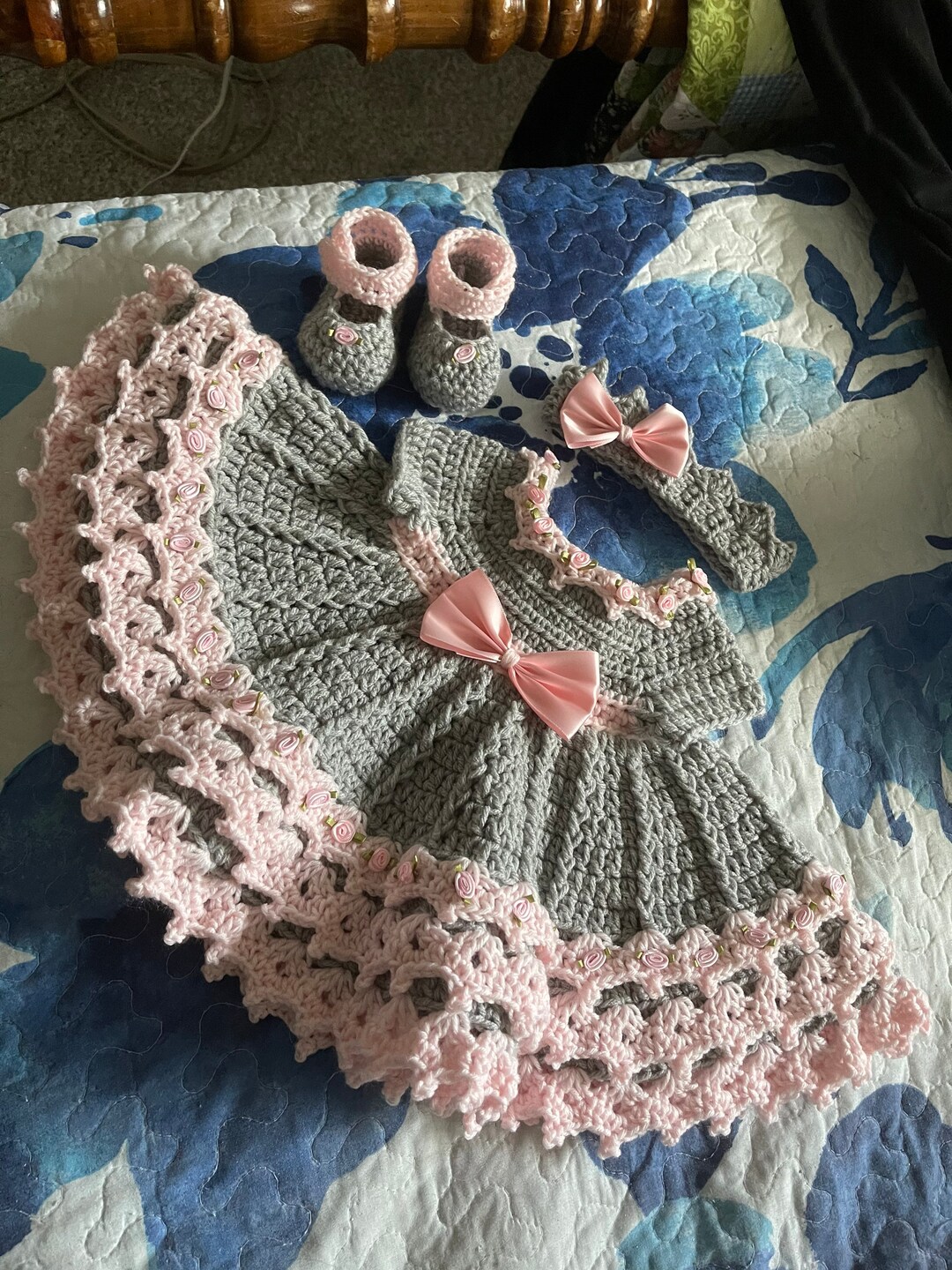 Crochet Pink and Gray Baby Dress Set With Rosebuds Comes With Booties