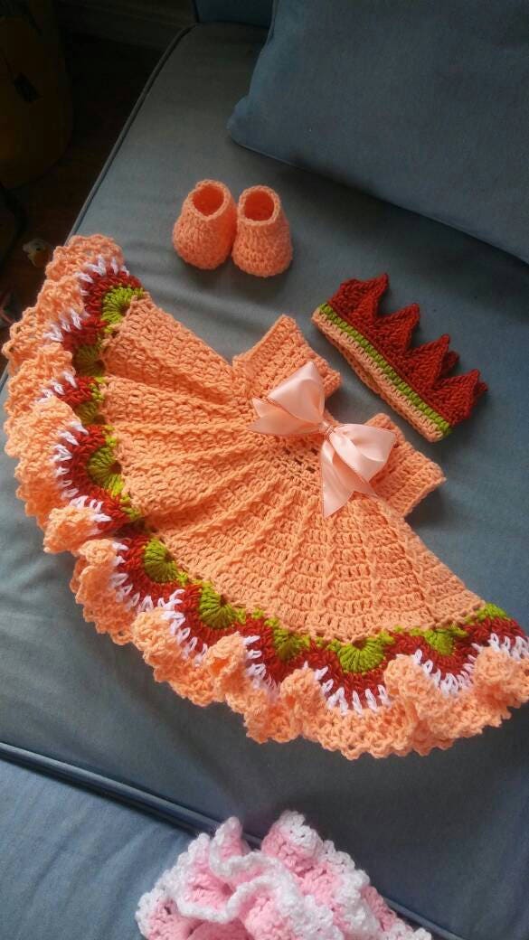 Crochet Peach Baby Dress Set with Colorful Trim