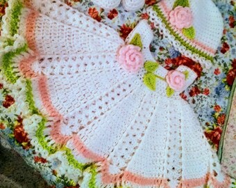 Beautiful crochet baby layette, comes with a dress, hat and shoes, This one Is Beautiful