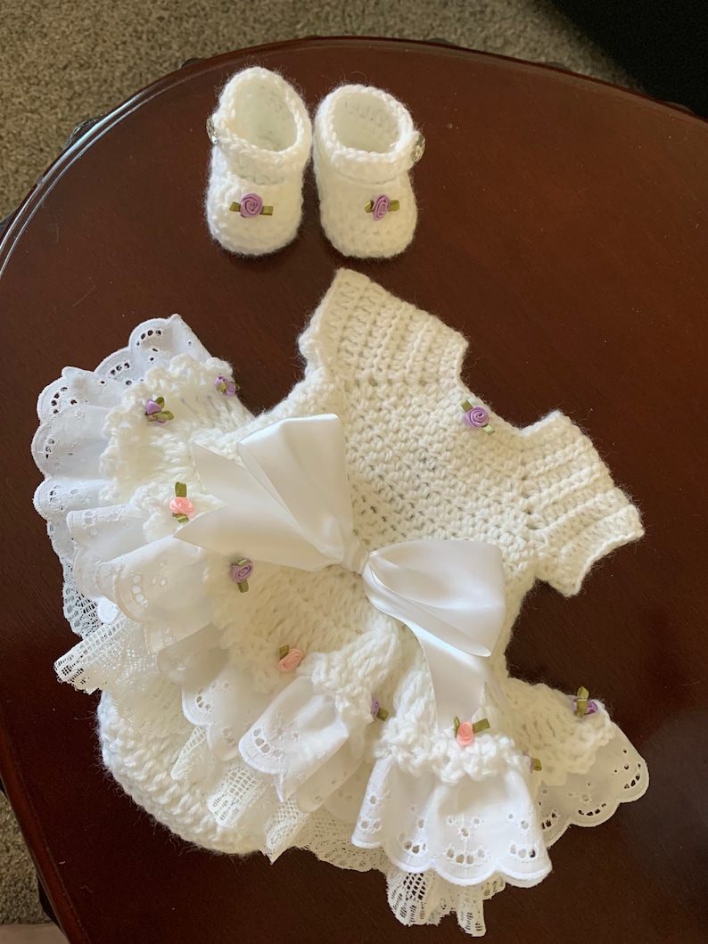 White Crochet Rosebud Baby Romper Dress Set. Etsy UK