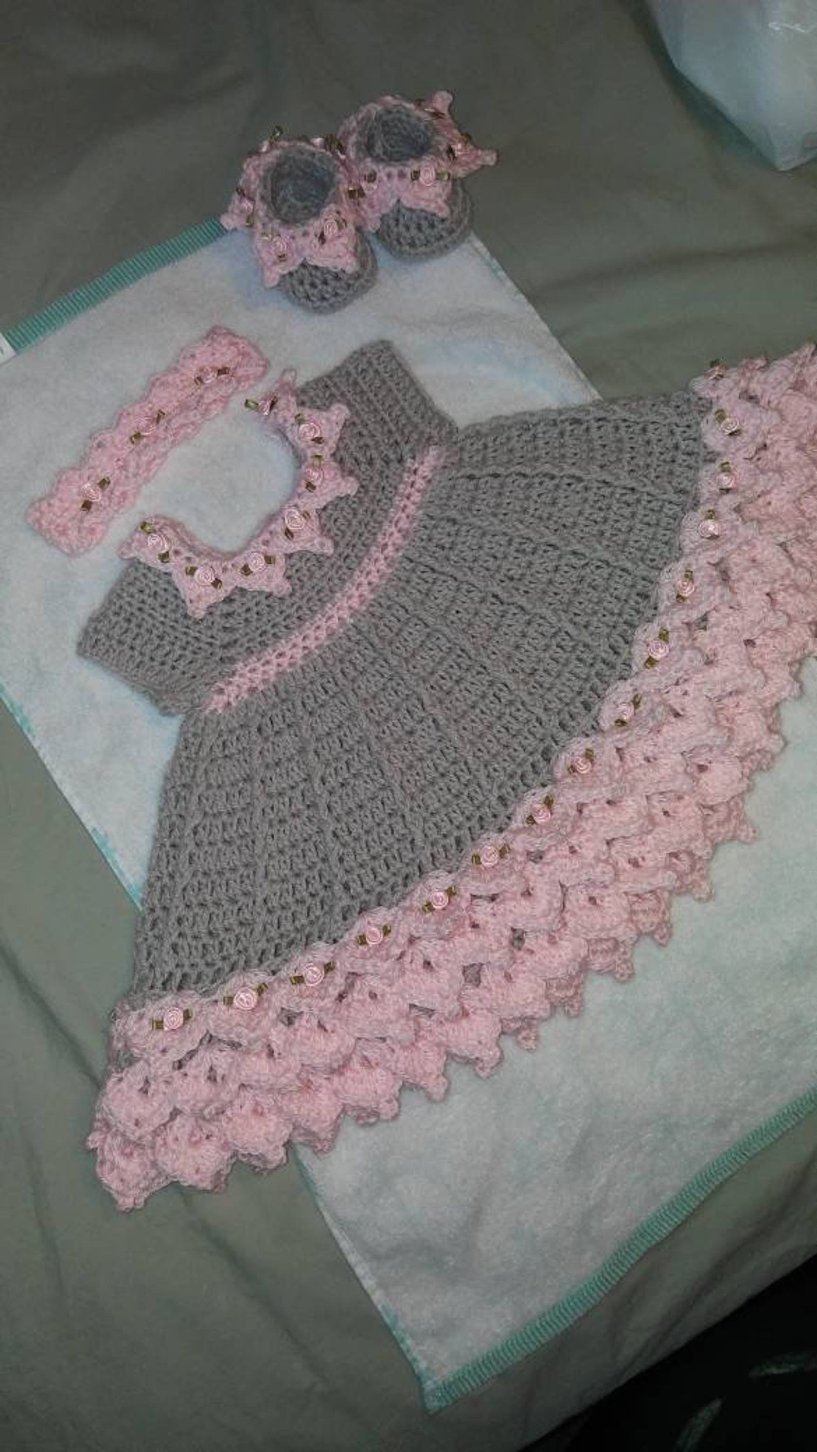 Crochet Pink and Gray Baby Dress Set With Rosebuds Comes With Etsy