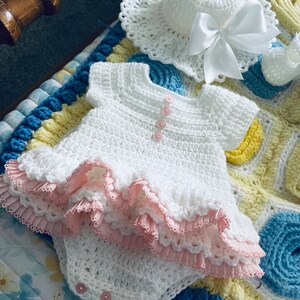 Hand crochet romper set with shoes and hat