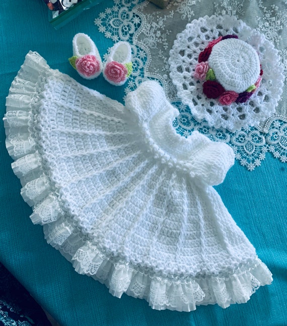 White crochet baby dress with beautiful lace trim comes with | Etsy