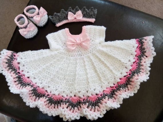 White Pink and Gray Crochet Baby Dress Set. - Etsy