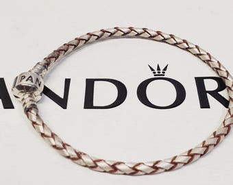 Authentic Pandora Champagne Single Leather Braided Bracelet #590705CMPS 7.9&quot;/20cm Retired