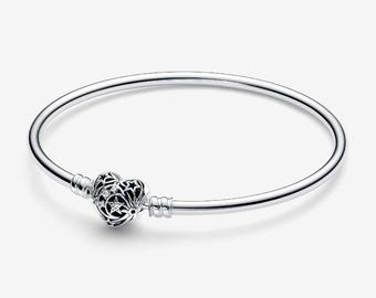 Sterling Silver Celestial Heart Clasp Bangle Bracelet - Pandora 7.5&quot;/19cm