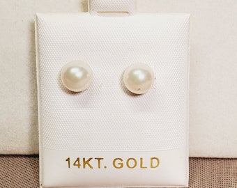 SOLID 14K YELLOW GOLD 7.25 mm Pearls Stud Earrings