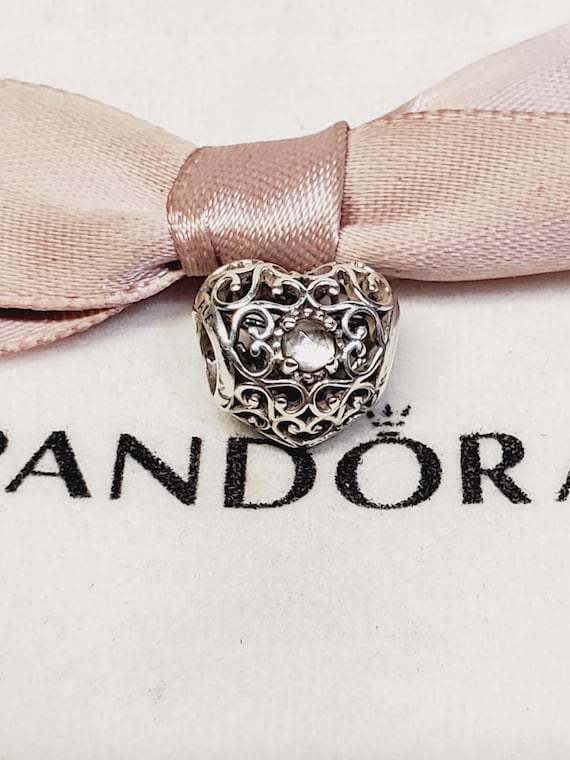 Authentic Pandora Silver Heart Charm April Signature Rock Crystal