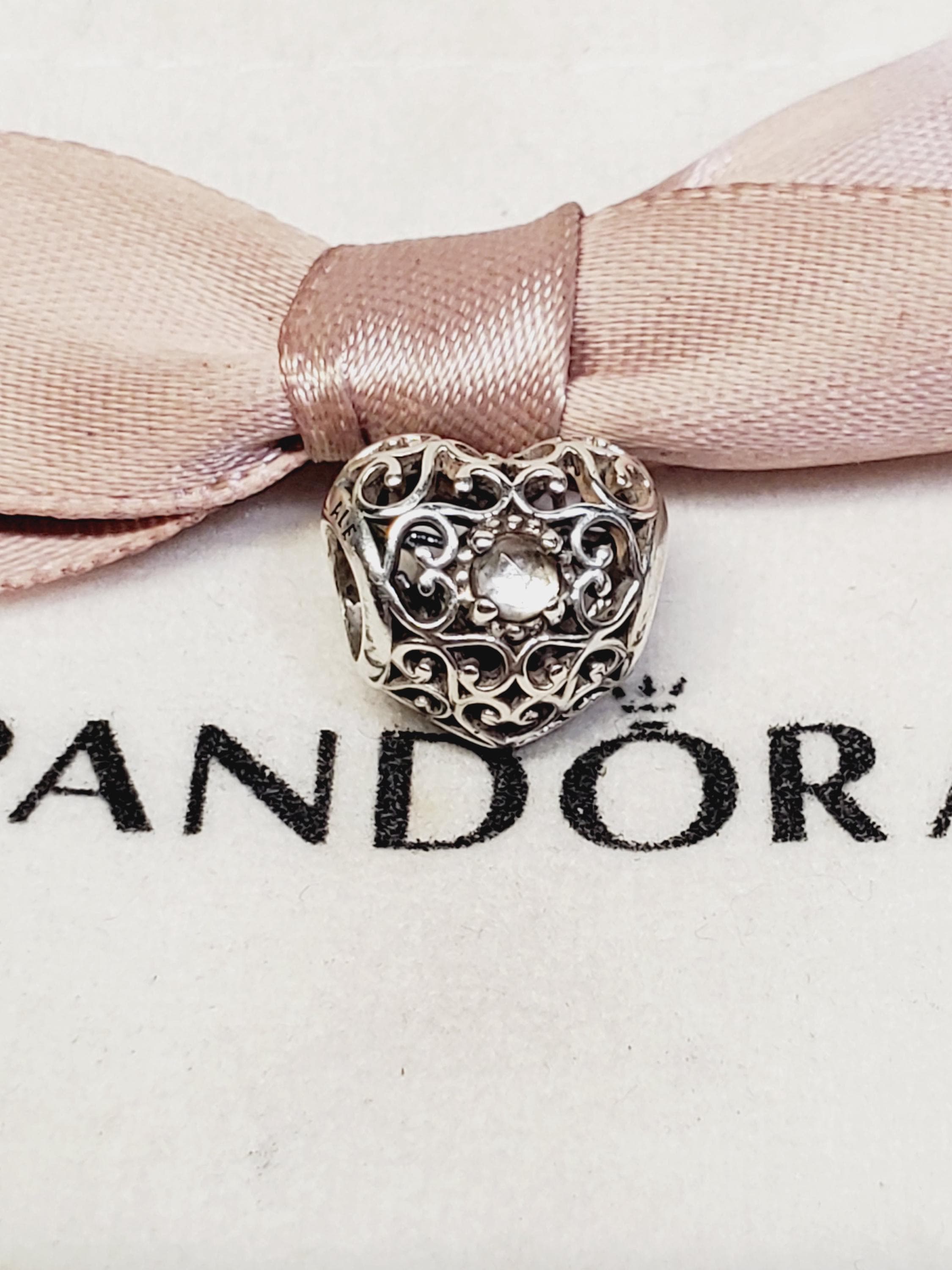 Authentic Pandora Silver Heart Charm April Signature Rock Crystal