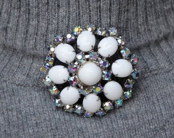 Milk Glass and AB Rhinestone Pin Vintage