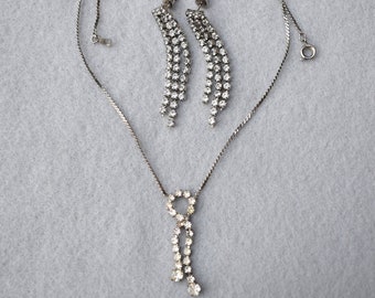 Rhinestone Pendant Necklace and Dangle Pierced Earrings Vintage