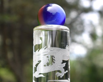 Etched Glass Dragon Stand with Muti Color Gazing Ball Vintage Decor