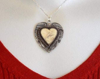 Sterling Silver and Etched Bone Heart Pendant Necklace Mid Century Chinese Export