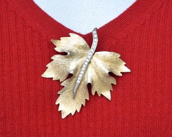 Textured Leaf Brooch with Rhinestone Stem Vintage