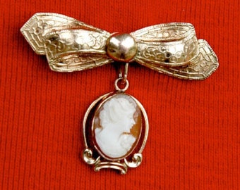 Edwardian Gold Filled Shell Cameo Bow Brooch Vintage