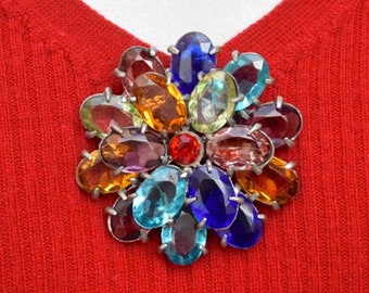 Multi Color Open Back Prong Set Rhinestone Brooch Mid Century Vintage