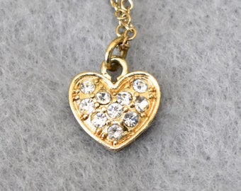 Tiny Rhinestone Heart Necklace Vintage