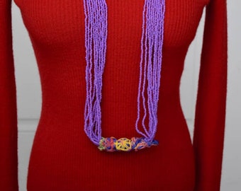 Multi Strand Boho Purple Seed Bead Necklace With Fabric Focal Vintage