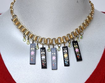 Glass Cabochon Flower Necklace with Vintage Components OOAK