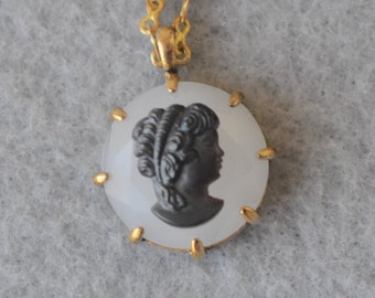 Black Cameo on Faceted Milk Glass Pendant Necklace