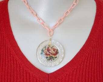 Hand Painted Celluloid Pendant on Pink Celluloid Chain OOAK