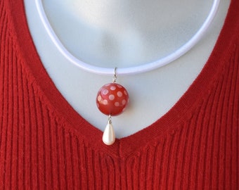 Large Red Lucite Bead with Pearl Accents on Satin Cord Necklace