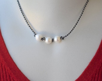 Freshwater Pearls with Sterling Center on Black and Silver Cord