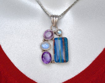Calsilica, Amethyst & Moonstone Set in Sterling Silver Pendant Vintage