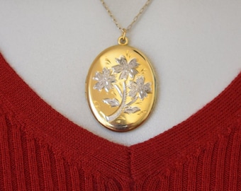 Two Tone Floral Locket Necklace Vintage