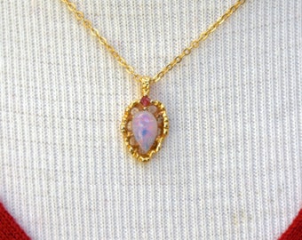 Opal Glass Rhinestone Pendant Necklace Vintage