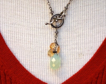 Calcedony Drop and Sterling Silver Necklace with Topaz Quartz Drops Vintage