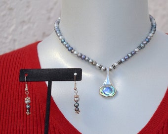 Freshwater Pearls with Sterling Silver Abalone Pendant Necklace and Earrings Set