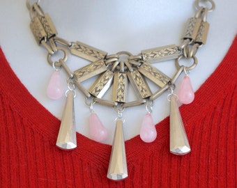 Victorian Bib Base with Silver Tone Dangles and Rose Quartz Teardrops Assemblage Necklace & Earrings