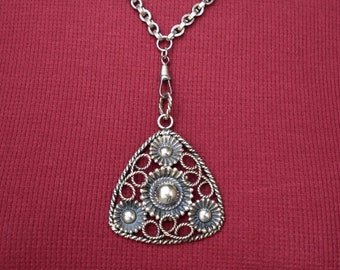 Watch Chain Assemblage Necklace with Large Silver Tone Pendant Vintage
