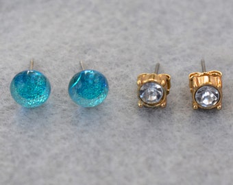 Dichroic Glass and Rhinestone Stud Earrings 2 Pair Vintage