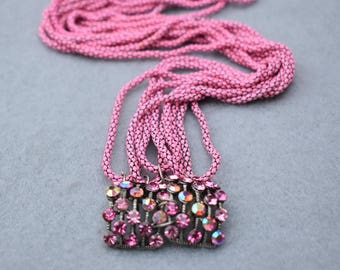 Long Pink Enamel Mesh Chains Necklace with Rhinestone Focal Vintage