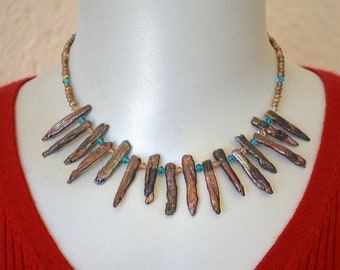 Freshwater Chocolate Stick Pearl Necklace with Designer Crystals and Sterling Clasp OOAK