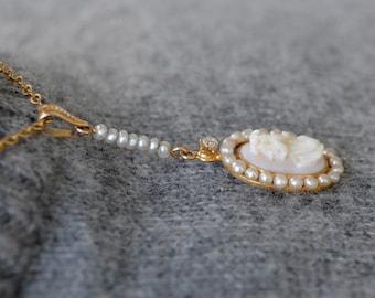 10K Gold Pink Shell Cameo Genuine Diamond Genuine Pearls Lavalier Necklace Edwardian