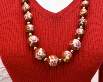 Enamel Floral Dragonfly Graduated Bead Necklace Faux Cloisonne Vintage