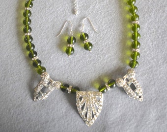 Repurposed Vintage Rhinestone Dress Clip Beaded Necklace and Earrings OOAK