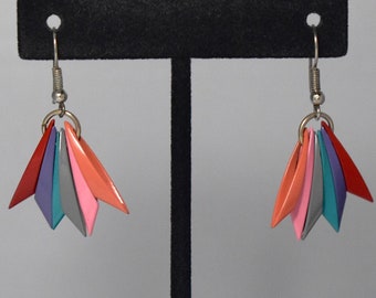 Multi Color Enameled Metal Fan Shaped Earrings Vintage