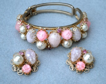 Pink Bead & Faux Pearl Clamper Bracelet and Clip Earrings Vintage