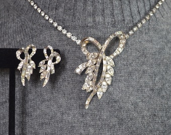 CoroCraft Stylized Rhinestone Bow Necklace and Earring Set Vintage