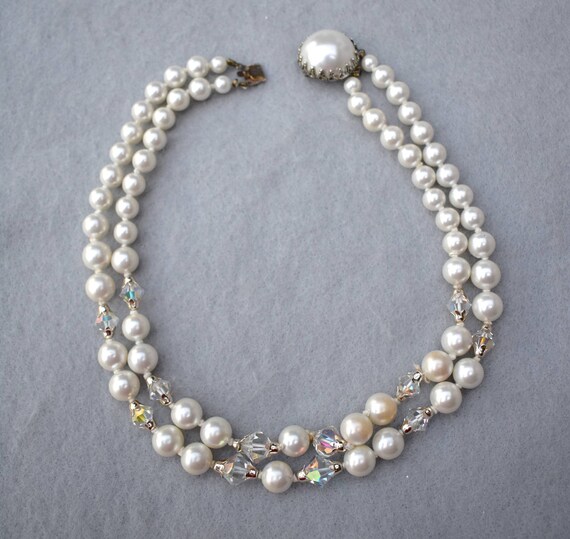 Faux Pearl and AB Bicone Bead Japan Necklace Vint… - image 2