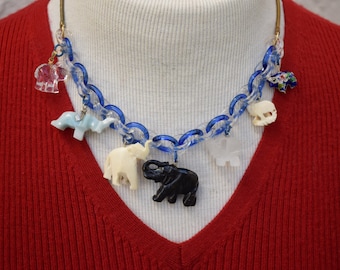 Good Luck Elephant Necklace Onyx Alabaster Bone Glass Cloisonne OOAK Necklace