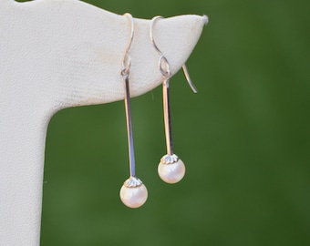 14K White Gold and Cultured Pearl Dangle Asymmetrical Earrings
