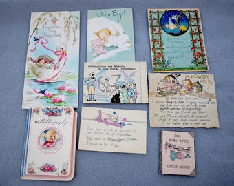 Baby Announcement Lot of Seven and One New Old Stock Vintage Baby Card
